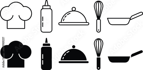 Kitchen cooking icons set with chef hat sauce bottle serving tray whisk frying pan, minimalist line and silhouette restaurant vector collection