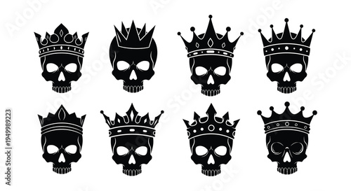 Eight skull illustrations with ornate crowns in a monochrome style