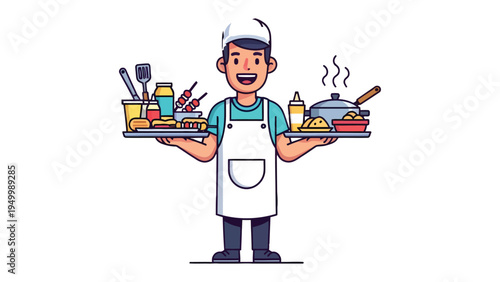 Chef with Food Tray: A smiling chef, meticulously balances two trays laden with an array of culinary delights, showcasing both preparation and presentation, ready to deliver a symphony of flavors.
