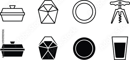 Kitchen tableware icon set with food container takeout box plate corkscrew and drinking glass, outline and solid vector icons collection