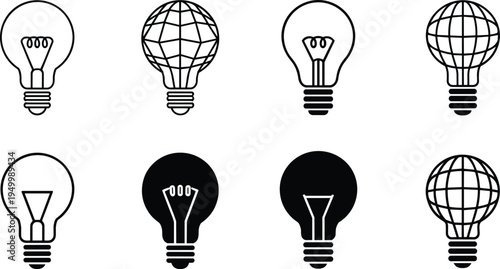 Light bulb and global idea icon set, creativity innovation energy concept outline and solid vector icons for technology and inspiration
