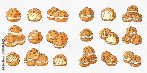 Delicious cream puffs with various arrangements and cross-sections, showcasing sweet dessert pastries.