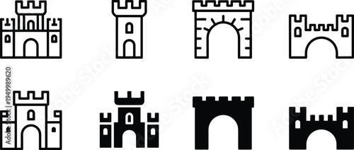 Medieval castle gate and fortress tower icon set with arch entrance and stronghold walls, outline and silhouette architecture symbols collection