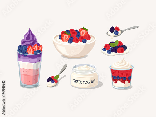 Greek Yogurt with Fresh Mixed Berries Illustration Set