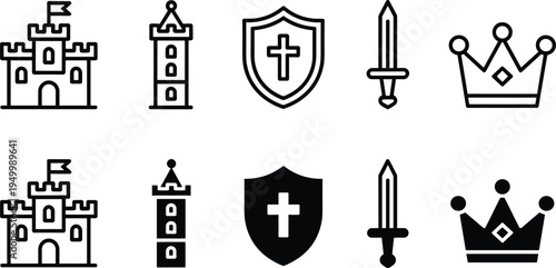 Medieval castle tower shield cross sword crown outline and solid icon set, fantasy kingdom symbols, vector line icons for game UI, heraldry collection