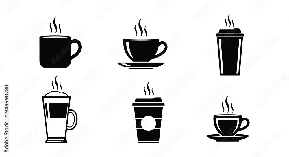 Fototapeta premium Black and white illustration of six different steaming coffee cups