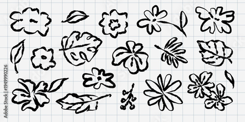 Black floral doodles on grid paper. Simple floral sketches, floral designs, and floral patterns. Hand-drawn floral art with various leaf shapes. Hand drawn botanical illustrations vector set.