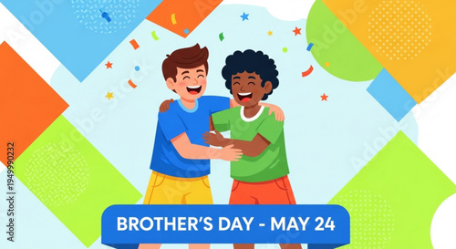 Brothers celebrating brother's day on may 24 with colorful confetti and festive background