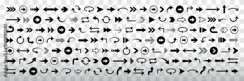 Collection of various black arrows. Includes straight, curved, and circular arrows. Arrows pointing in multiple directions. Element vector set.