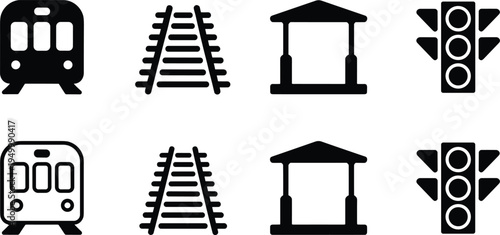 Railway transport icons set with train rail tracks station platform traffic signal, minimalist line and silhouette transportation vector collection