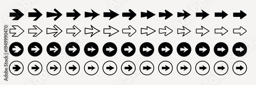 Various black and white arrow icons in different styles and directions, including circular and straight arrows, arranged in horizontal rows. Element vector set.