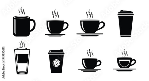 Black and white illustration of six different steaming coffee cups