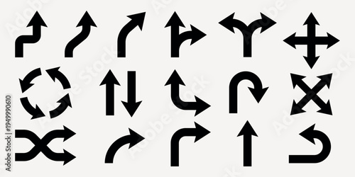 Collection of various black directional arrows on a light background, featuring straight, curved, and intersecting arrows in different orientations. Element vector set.