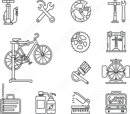 Bicycle Repair and Maintenance Icon Set Featuring Tools, Cleaning Equipment, Workshop Gear, and Bike Service Symbols for Professional Cycle Mechanic Shop Designs