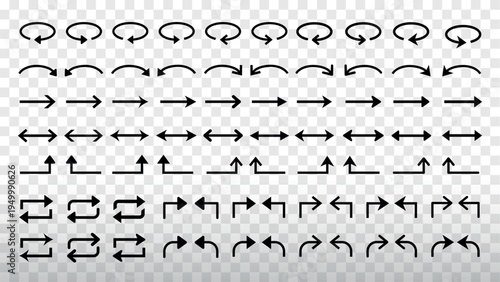 Set of black arrows. Various arrow styles include curved, straight, and directional arrows. Perfect for design and navigation projects. Element vector set.