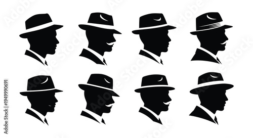 Silhouettes of men wearing hats in various styles and profiles