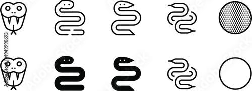 Snake reptile icon set with cobra head coiled serpent and snake symbols, wildlife animal outline and solid vector icons collection