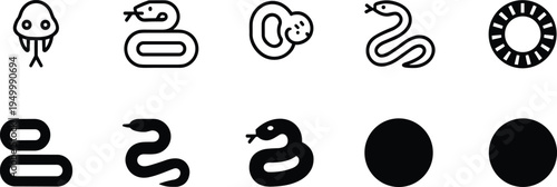 Snake reptile icon set with cobra head coiled snake and serpent symbols, wildlife animal outline and solid vector icons collection