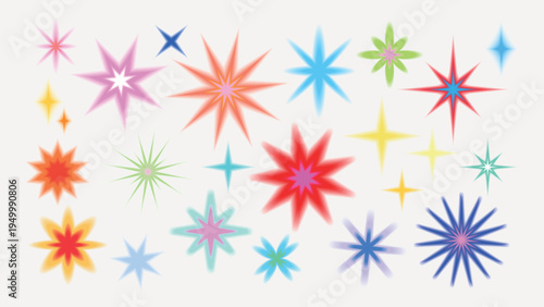 Colorful starbursts in various sizes and colors on a white background. Bright starbursts create a vibrant and dynamic pattern. Starbursts in red, blue, green, and more. Cute glowing element set vector