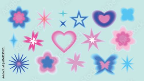 Colorful abstract shapes including stars, hearts, and flowers in pink and blue. Bright stars, vivid hearts, and floral designs on a light background. Cute glowing element set vector.