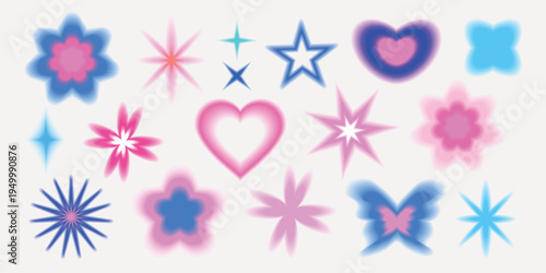 Colorful shapes in pink and blue, including stars, hearts, and flowers. Vibrant and playful design with a variety of shapes and colors. Bright and cheerful elements. Cute glowing element set vector.