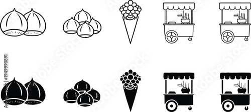 Street food and snack icons set with chestnuts ice cream cone food cart, minimalist line and silhouette fast food vector collection
