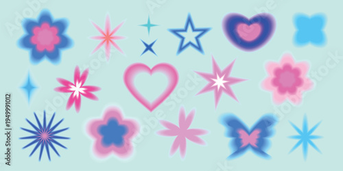 Colorful abstract shapes including stars, hearts, and flowers in pink and blue. Bright stars, vivid hearts, and floral designs on a light background. Cute glowing element set vector.