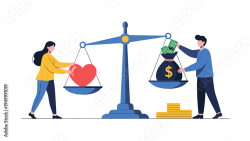 Man and woman balance a large red heart against a heavy bag of money on a scale of justice to represent life values.
