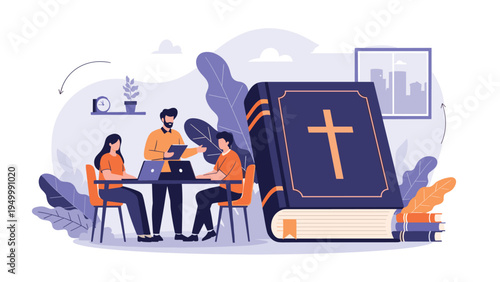 Diverse group of young people studies the Holy Bible together at a table in a modern and peaceful interior setting.