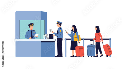 Passengers with suitcases wait in line at an airport security checkpoint for document verification by a customs officer.