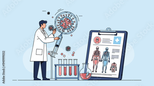 Dedicated medical researcher studies a virus structure using a microscope and detailed patient health record charts.