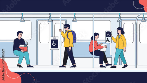 Diverse passengers commute on a modern subway train featuring accessible seating and assistive technology symbols for inclusive public transit.