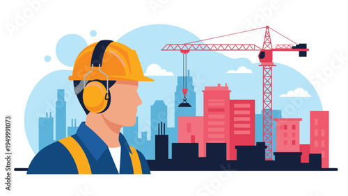 Professional construction worker wearing protective gear stands before a city development site with a large crane and urban skyline background.