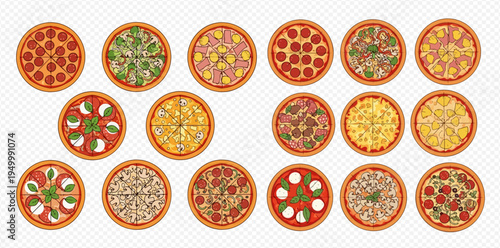 Collection of various delicious pizzas with different toppings, top view, vector illustration.