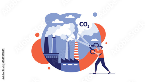 Environmental concept shows a man using giant scissors to cut down carbon dioxide emissions coming from industrial factory smokestacks in city.