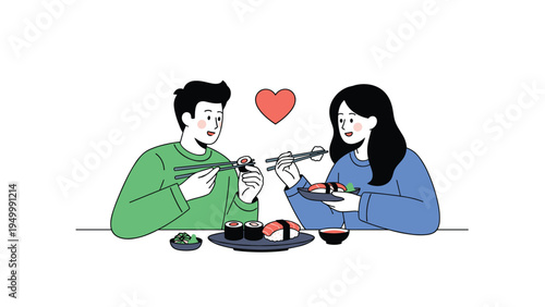 Happy couple shares a romantic sushi dinner together at a restaurant with a heart symbol floating above them representing love and togetherness.