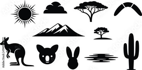 Australian Outback Nature and Wildlife Silhouette Icons Collection cloud acacia tree