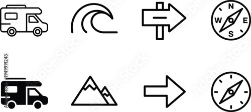 Travel navigation camper wave mountain arrow and compass icon set, adventure tourism outline and solid vector symbols for road trip navigation