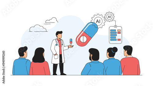 Professional doctor presents a large capsule to a group of patients while AI technology icons symbolize the future of pharmaceutical development.