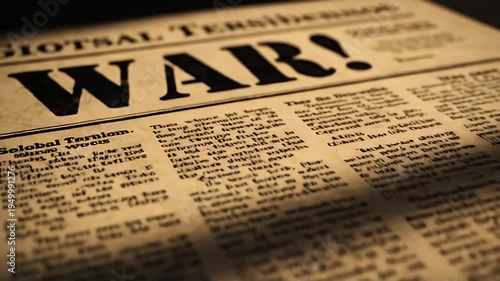 Vintage Newspaper with Bold War Headline Under Dramatic Moving Shadows
