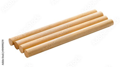Photos Isolated four wooden dowels, light wood sticks arranged diagonally, perfect for