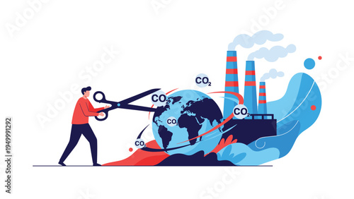 Global environmental initiative features a man cutting carbon dioxide labels from around a globe to represent efforts in reducing climate change.