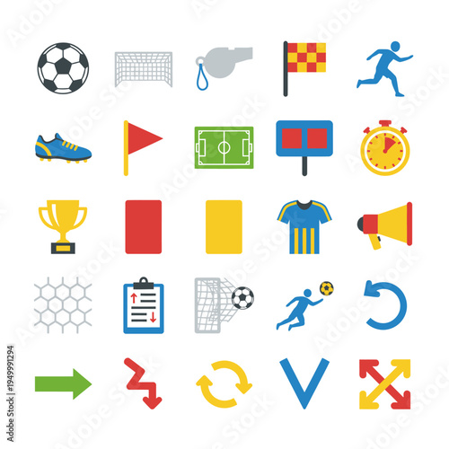 Colorful soccer icons and related elements on transparent background silhouette