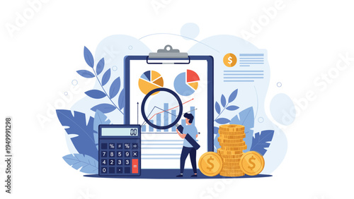 Detailed financial audit shows an accountant using a calculator and magnifying glass to verify business reports and cash stacks on a clipboard.