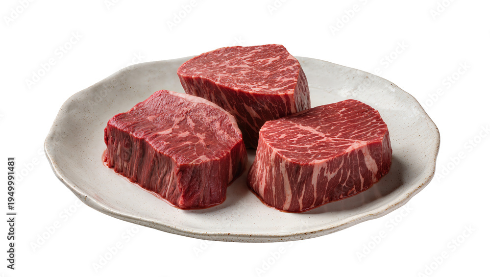 Fototapeta premium Isolated premium raw beef steaks on a rustic ceramic plate, fresh and ready for cooking.