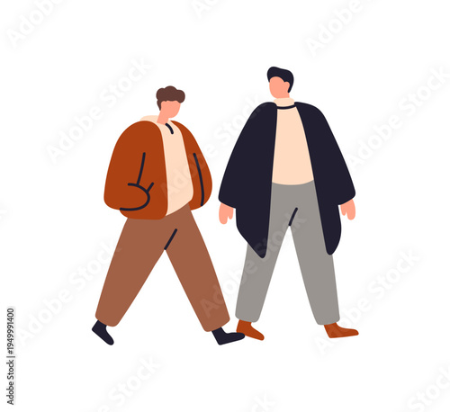 Happy friends walk in winter clothes together. Young men in outerwear stroll outdoors in fall. Tiny people in jackets go and talk in autumn. Flat isolated vector illustration on white background