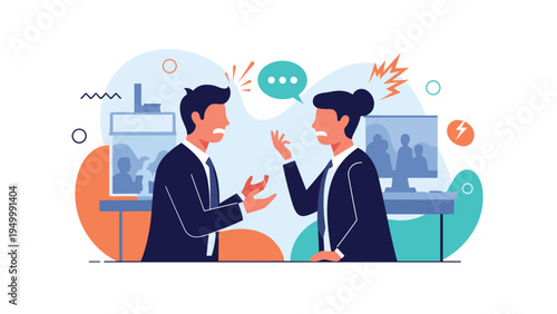 Two office colleagues engage in a heated debate or professional conflict with expressive gestures and frustration icons in a workplace setting.