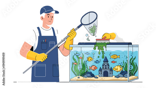 Aquarium Maintenance: A dedicated individual meticulously cleans an aquarium, ensuring a pristine and thriving aquatic environment, a testament to care and attention to detail.
