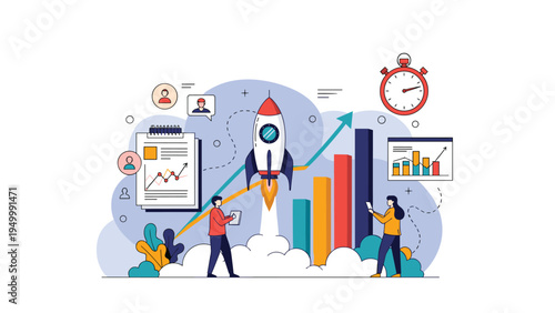 Ambitious team watches a rocket launch alongside growth bar charts and a stopwatch to symbolize successful project management and fast progress.