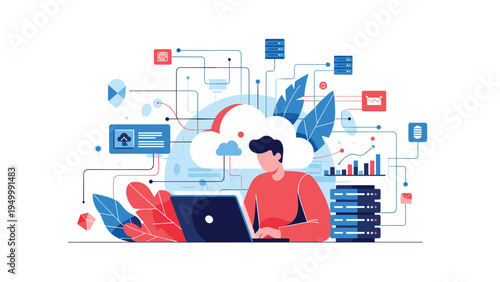 Technology professional works on a laptop integrated with cloud computing networks, data servers, and digital information icons for IT solutions.
